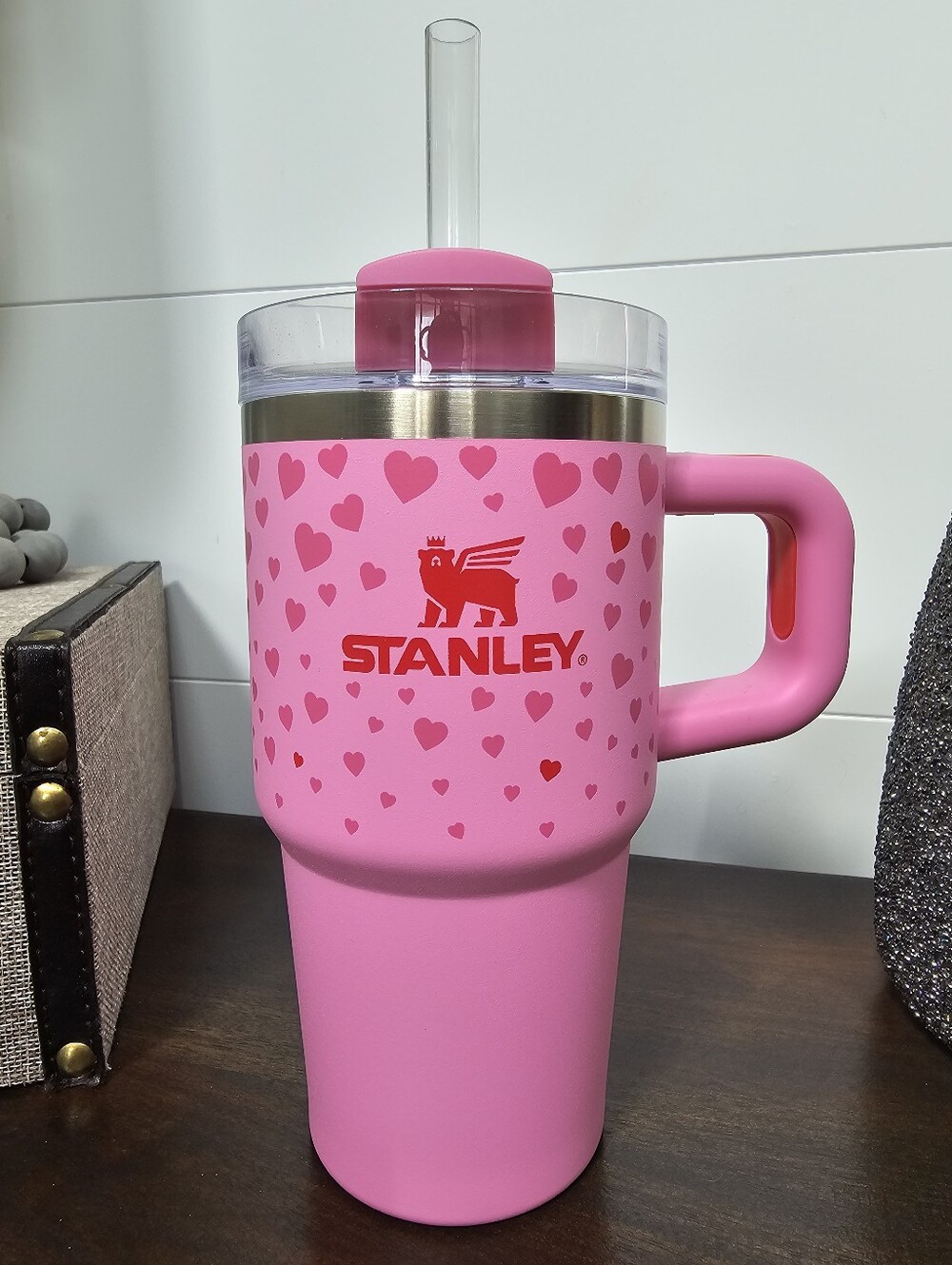 Stanley 20 oz. Quencher Tumbler, in Valentine Pink with Heart Pattern